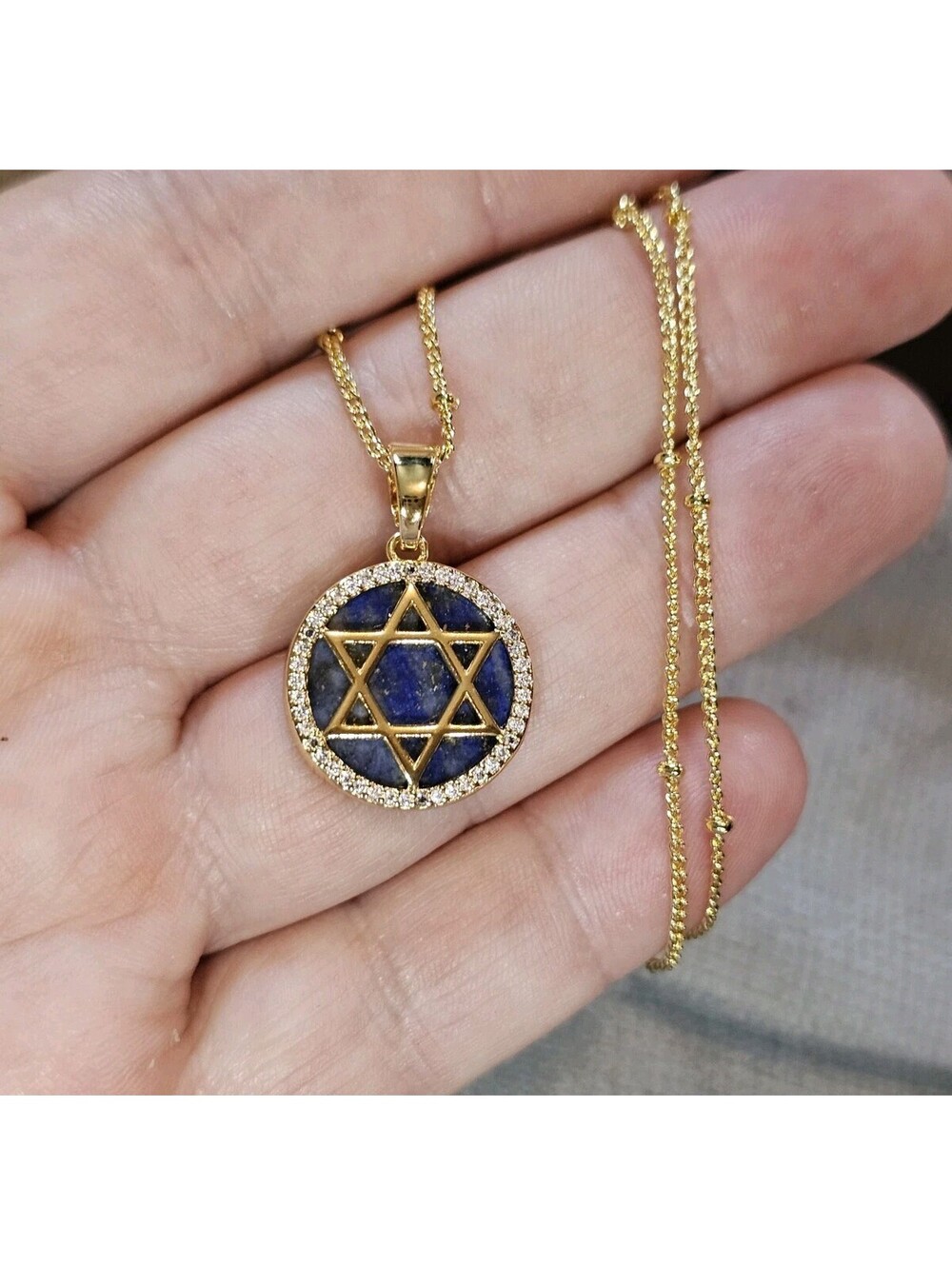Blue Lapis Lazuli Magen David Star Pendant Necklace Gold-plated Gemstone CZ